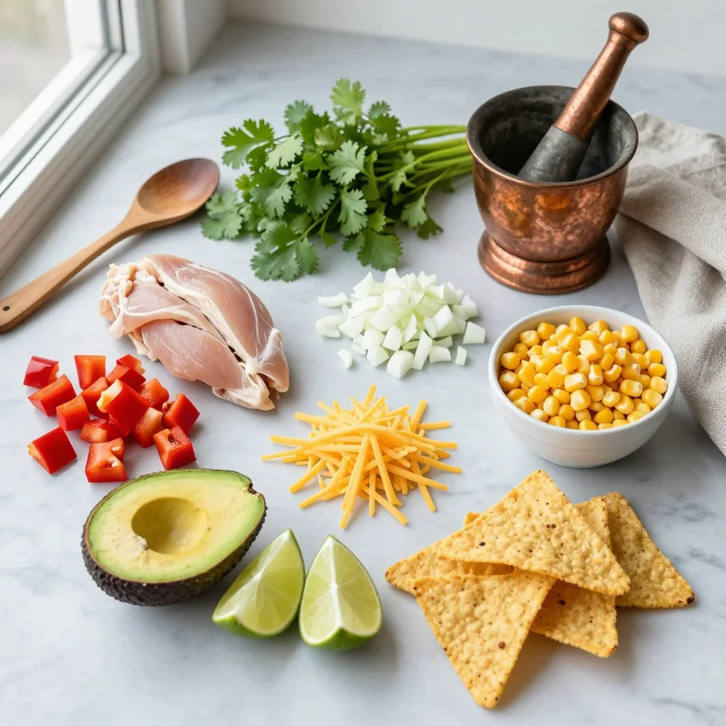 All ingredients for Chicken Tortilla Soup with Avocado and Lime