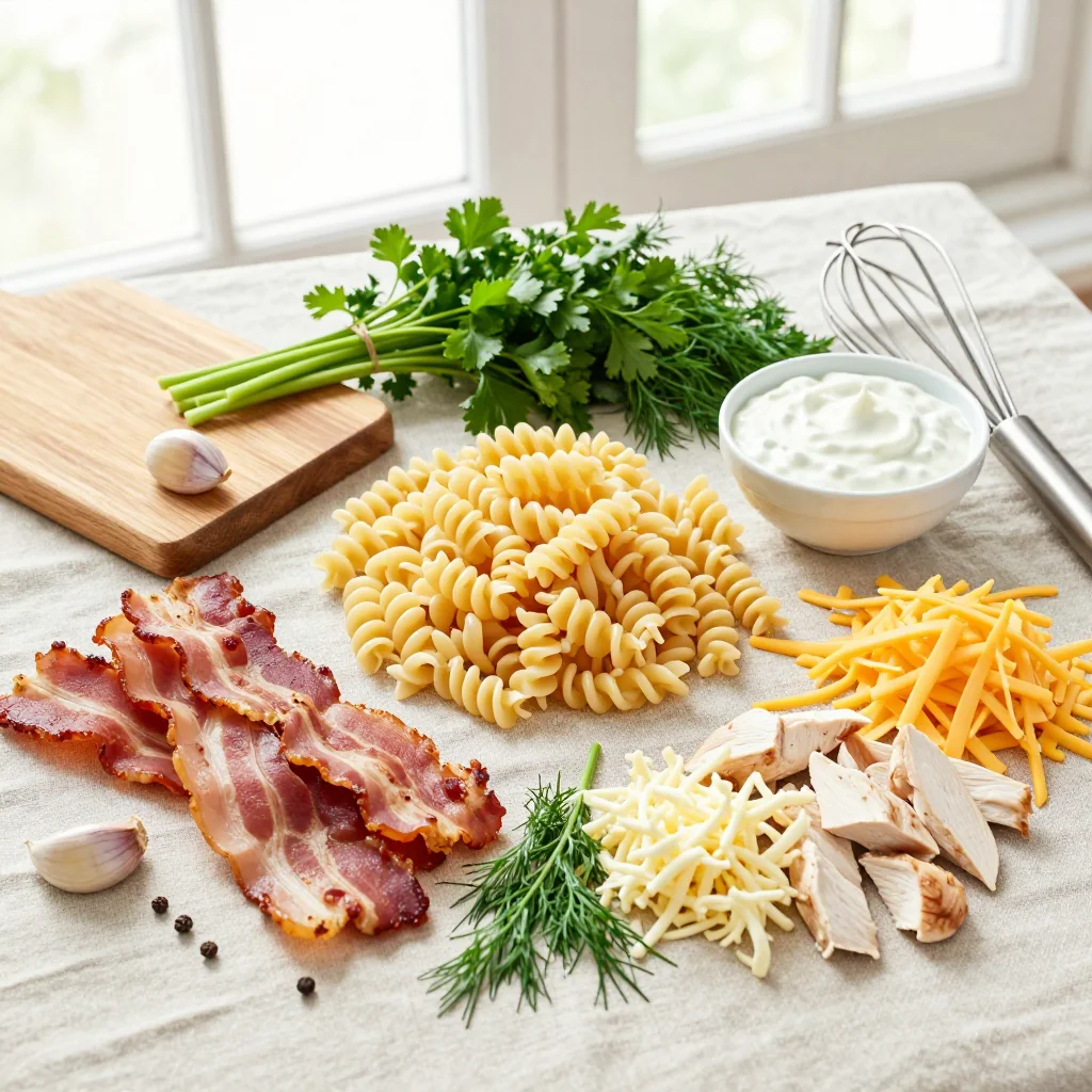 All ingredients laid out for Chicken Bacon Ranch Casserole with Pasta