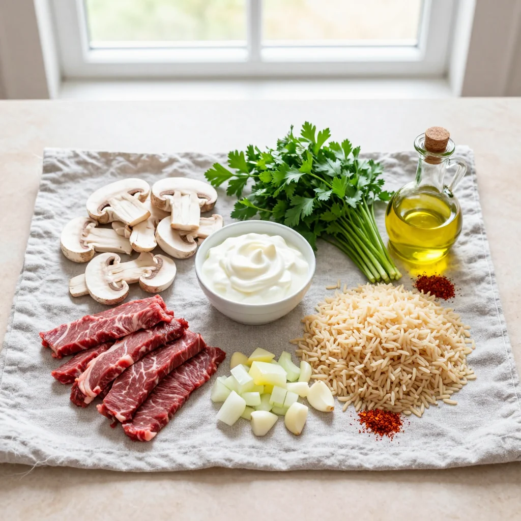 All ingredients laid out for Beef Stroganoff with Rice