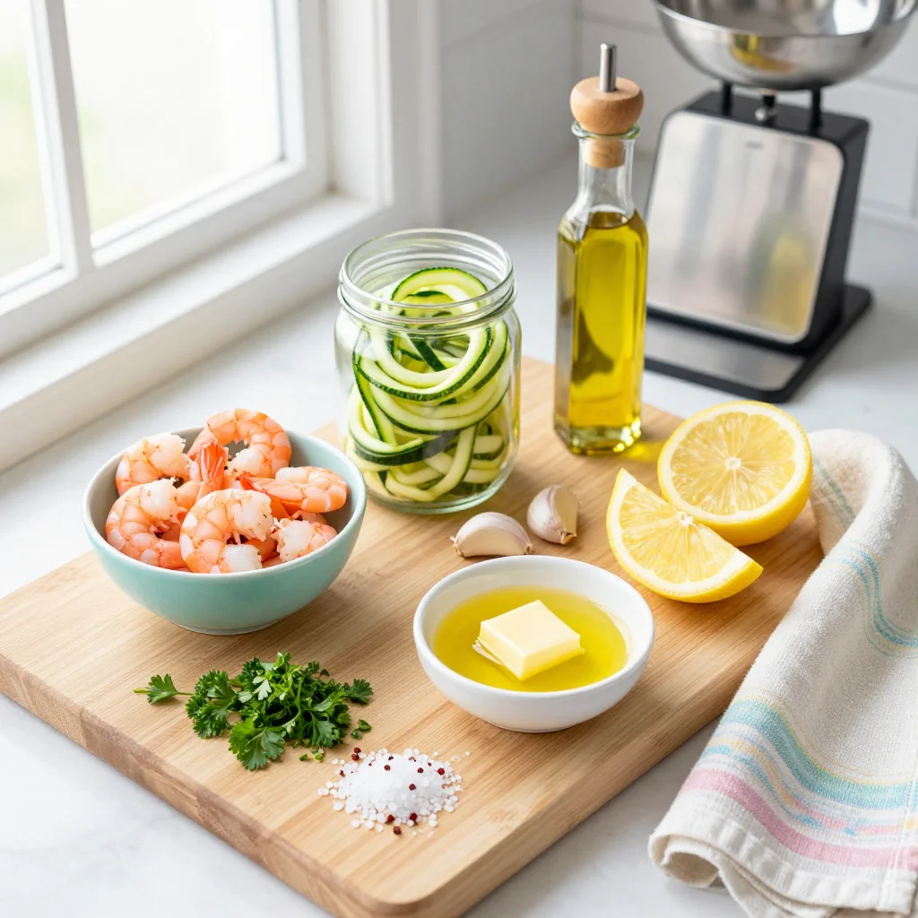 All ingredients for Shrimp Scampi with Zucchini Noodles Keto