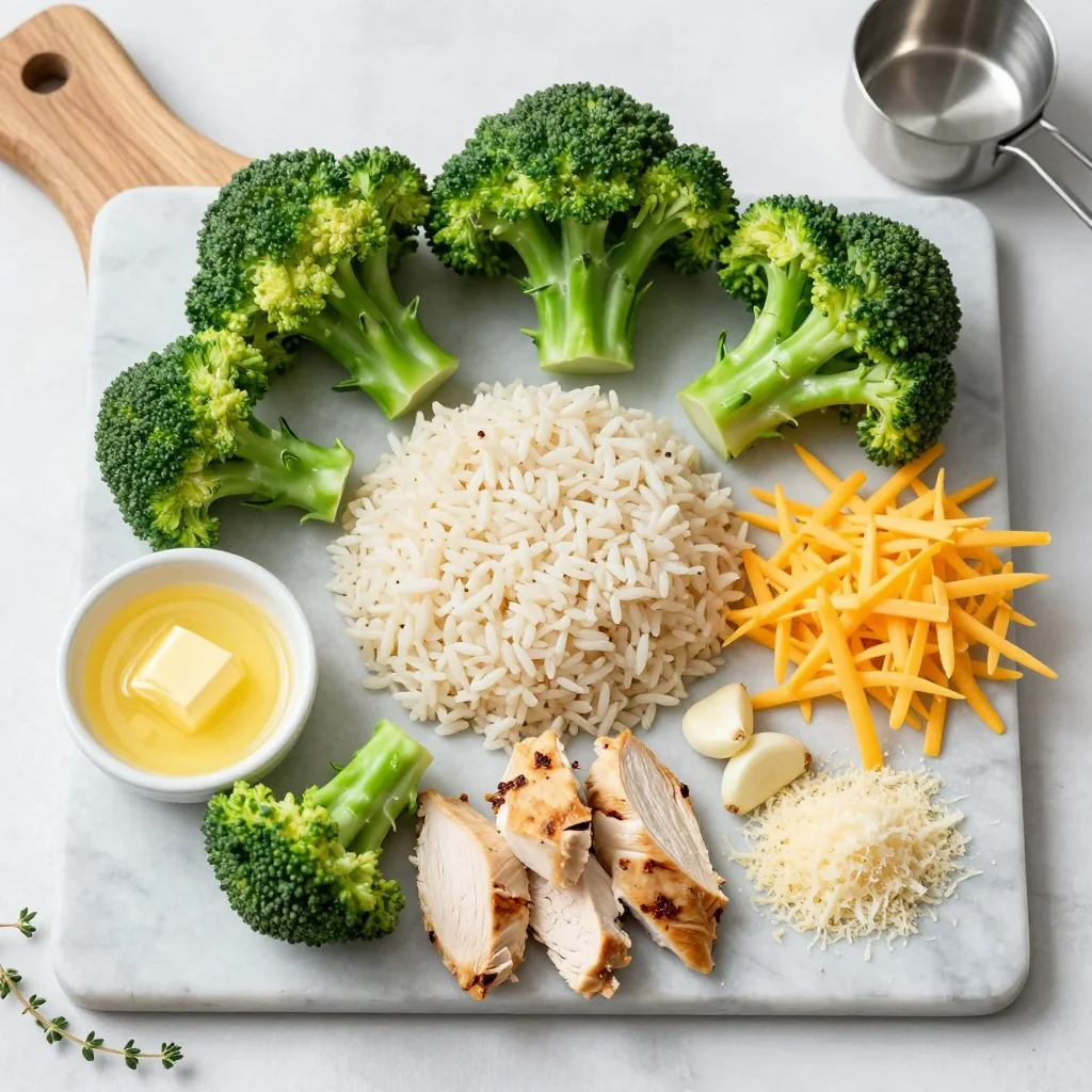 All ingredients for Cheesy Broccoli Rice Casserole with Chicken neatly arranged on a countertop