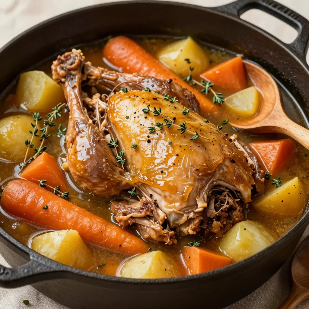 cozy slow cooker turkey stew with root vegetables and fresh thyme