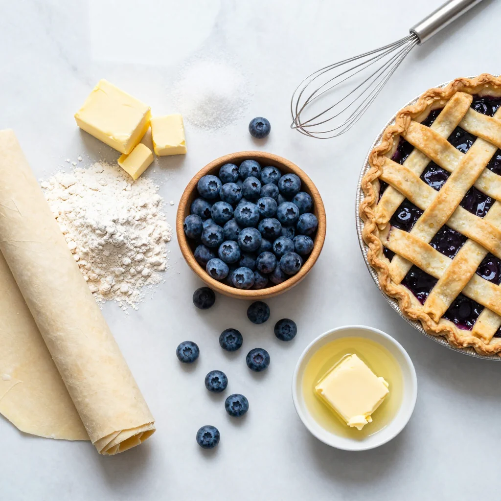 All ingredients for Blueberry Pie with Lattice Top neatly arranged on a wooden board