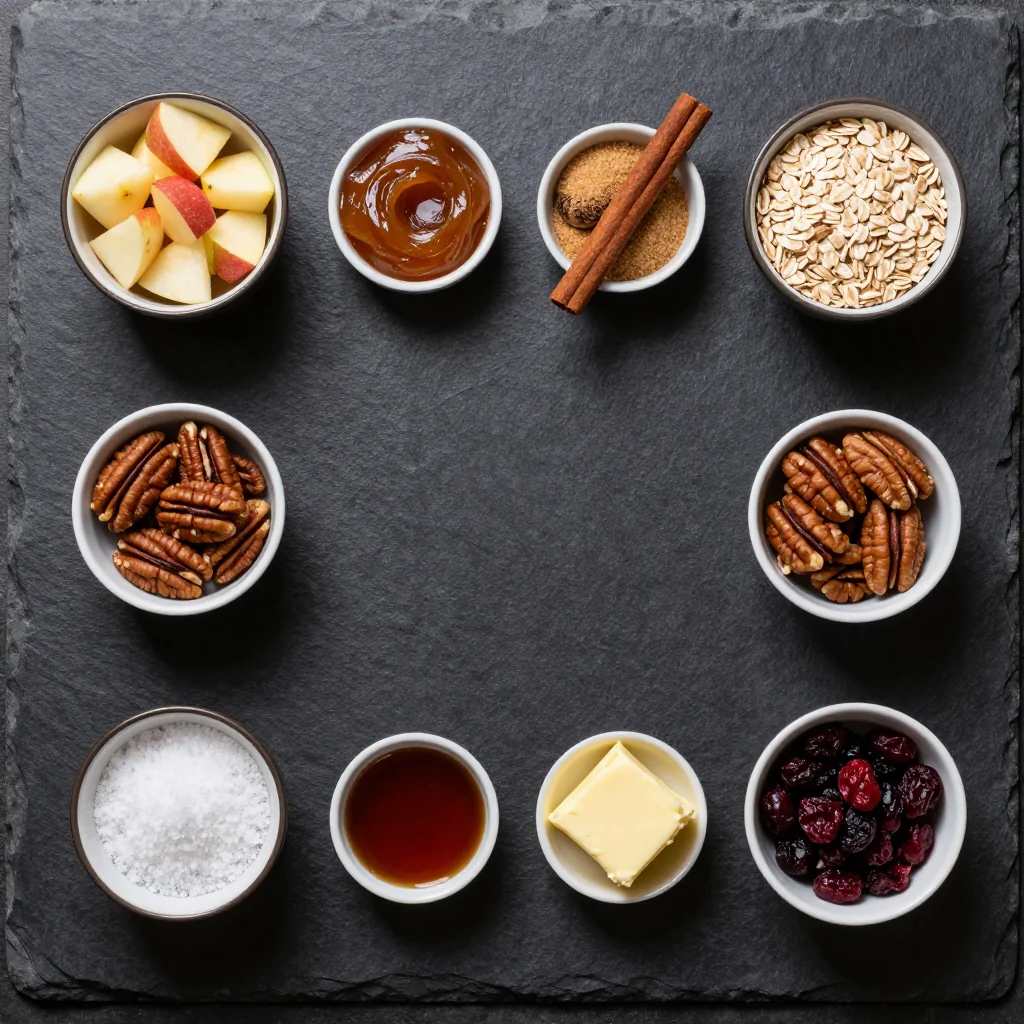 Steel-cut oats, apple butter, cinnamon sticks, maple syrup, and winter apples arranged on a wooden board