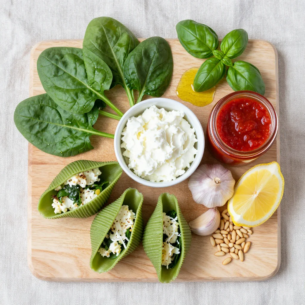 All ingredients for Spinach and Ricotta Stuffed Jumbo Shells laid out on a wooden board