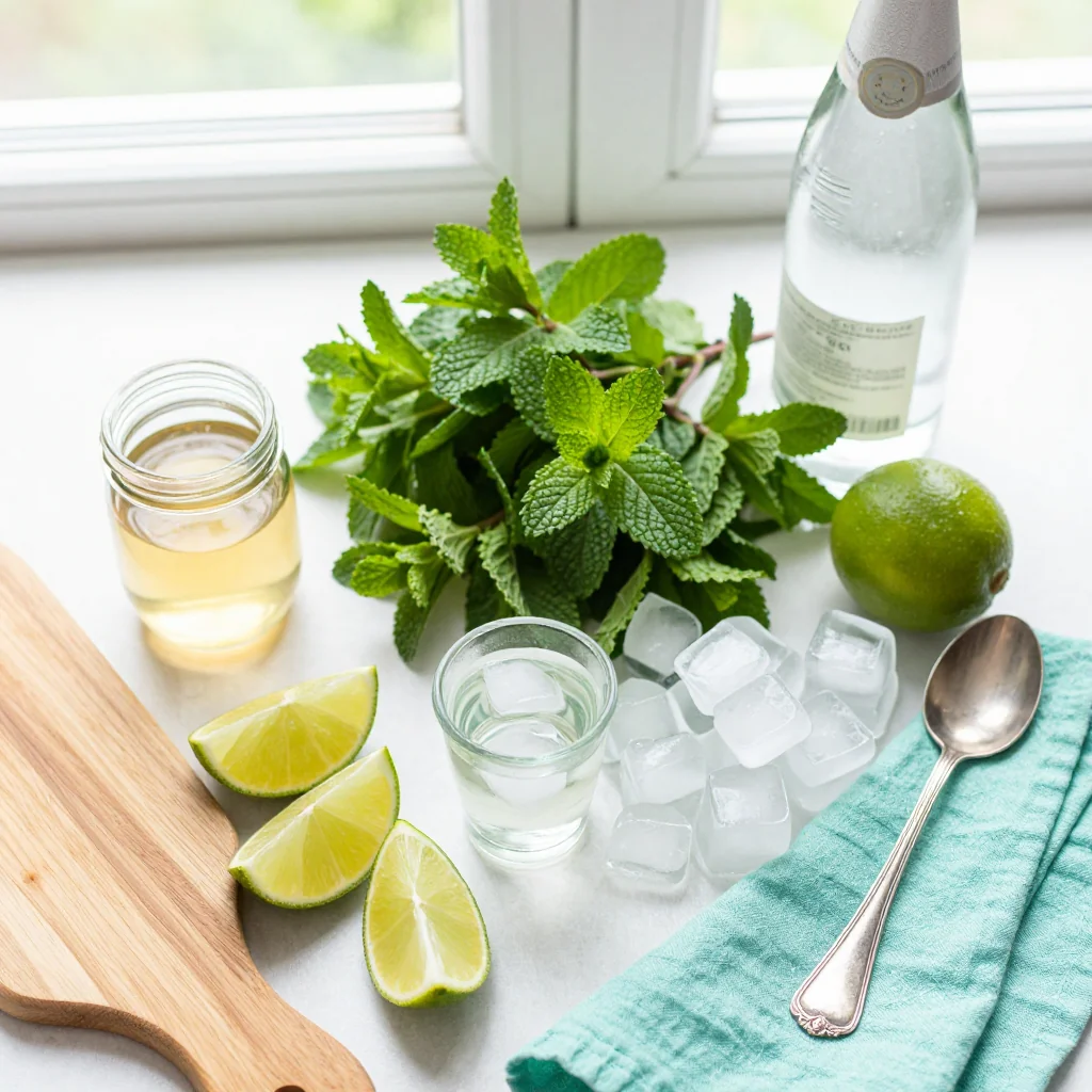 All ingredients for Mint Julep Mocktail laid out on a wooden board