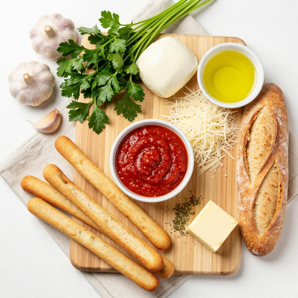 All ingredients for Garlic Cheesy Bread Sticks with Marinara Dip