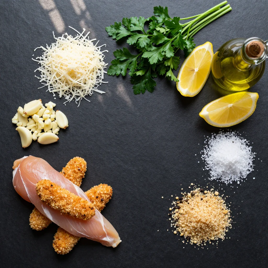 All ingredients for Garlic Parmesan Chicken Tenders Baked neatly arranged