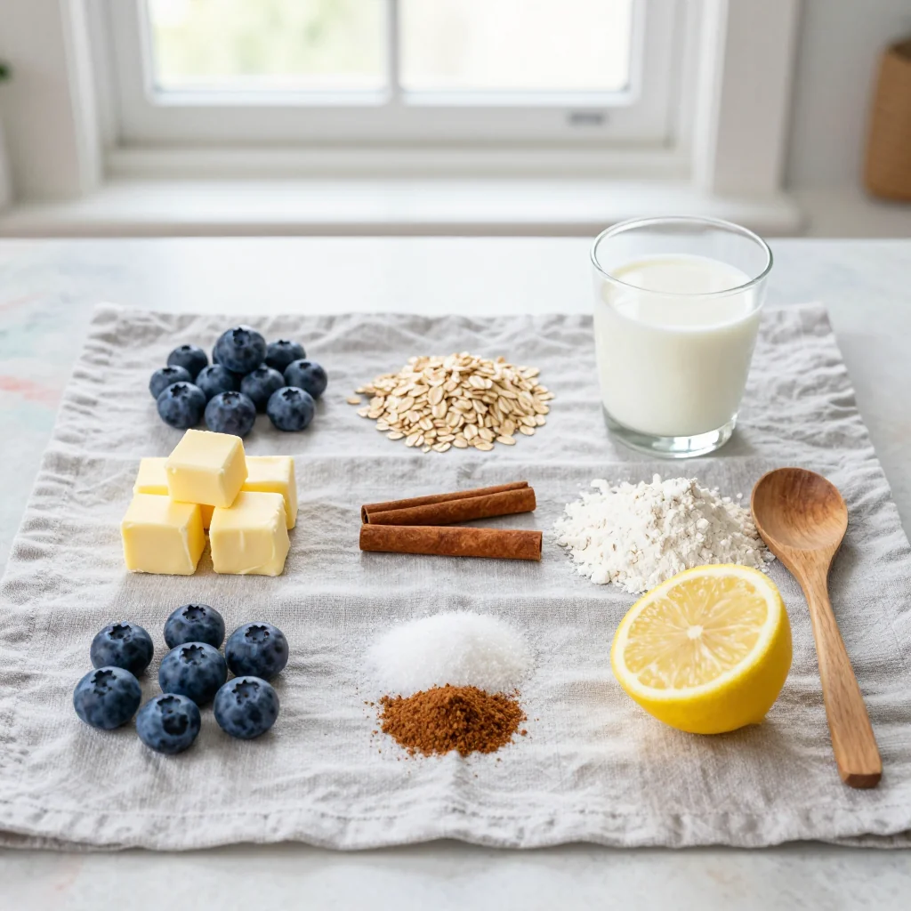 All ingredients laid out for Blueberry Cobbler with Oats