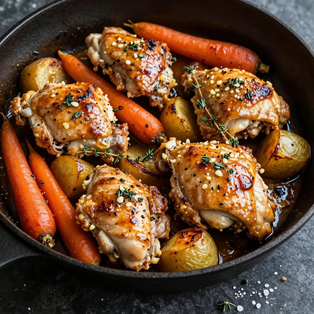 onepot garlic chicken with roasted carrots and winter root vegetables