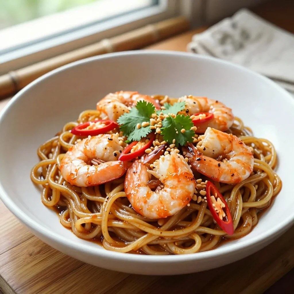 Thai Peanut Noodles with Grilled Shrimp