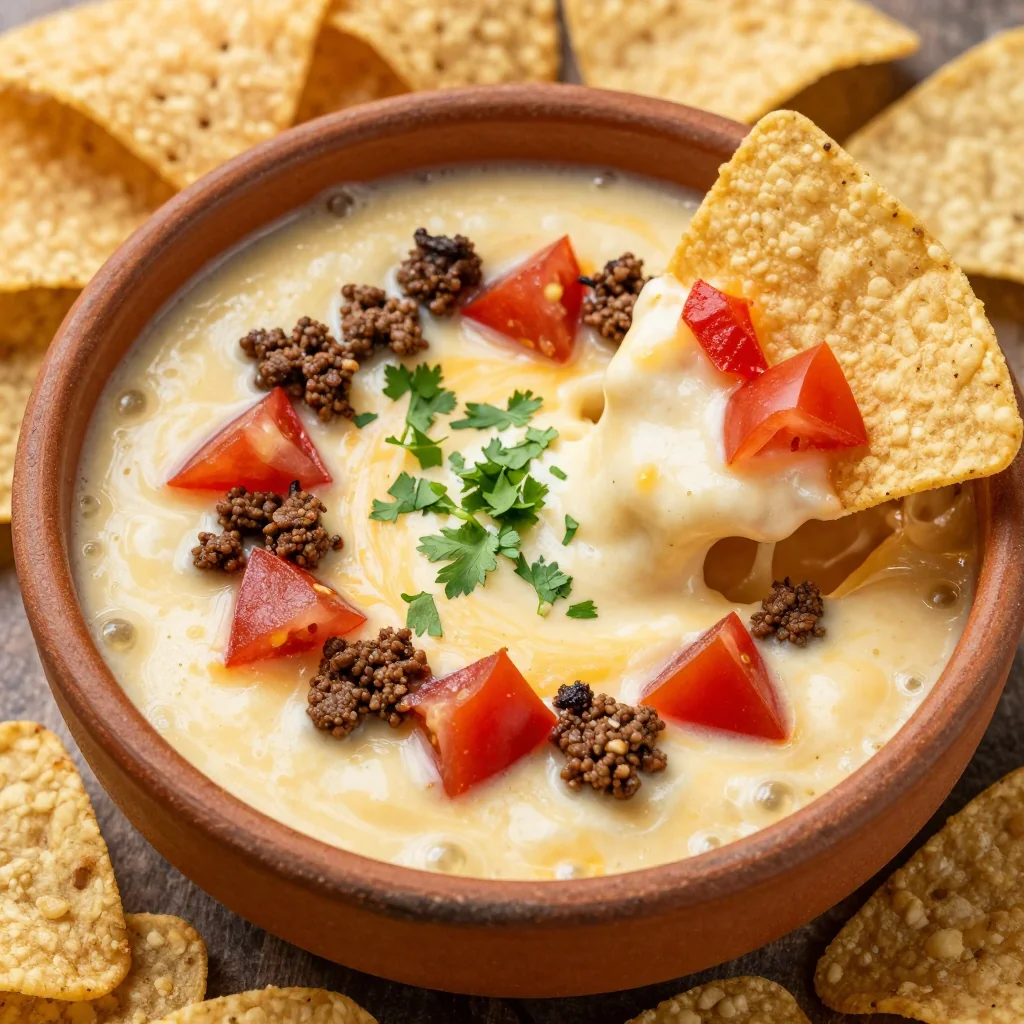 NFL Playoff Queso Dip with Ground Beef and Tomatoes