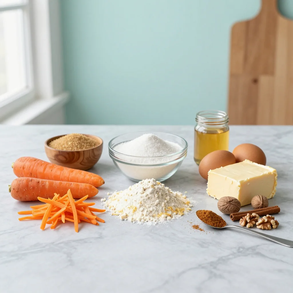 All ingredients for Moist Carrot Cake with Fluffy Cream Cheese Frosting