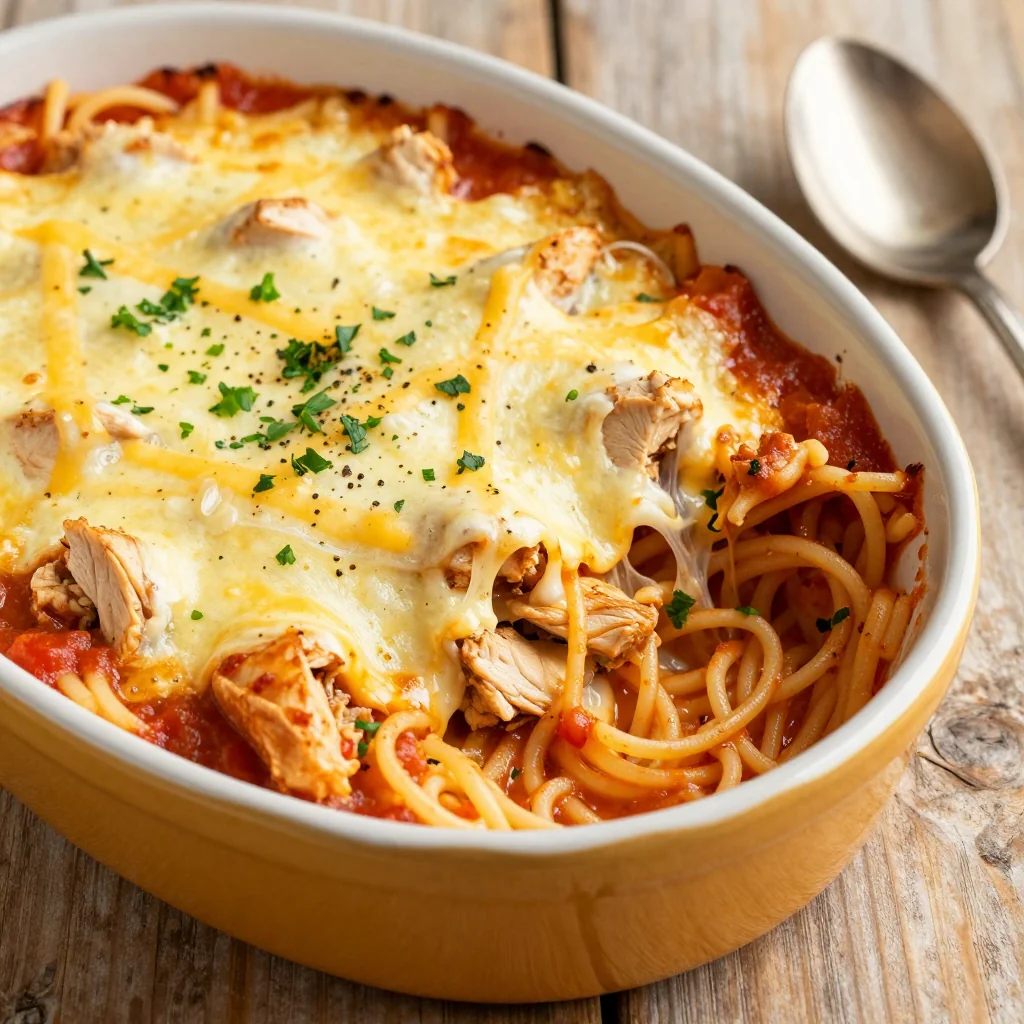 Cheesy Slow Cooker Chicken Spaghetti Casserole