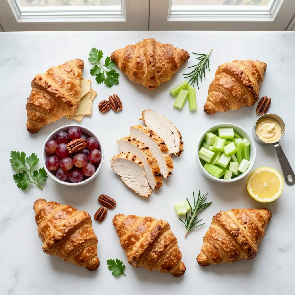 All ingredients for Chicken Salad Croissants with Grapes and Pecans
