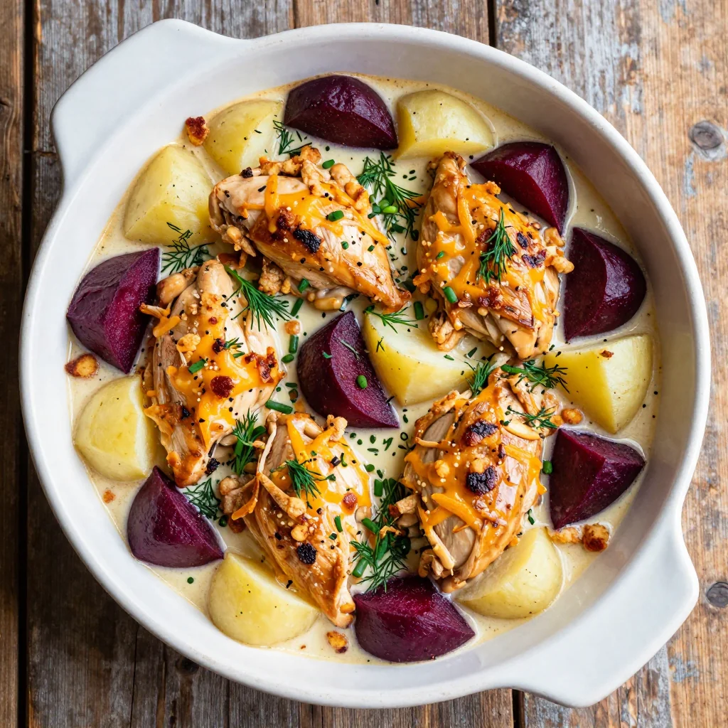 creamy slow cooker chicken and roasted beet casserole for family meals