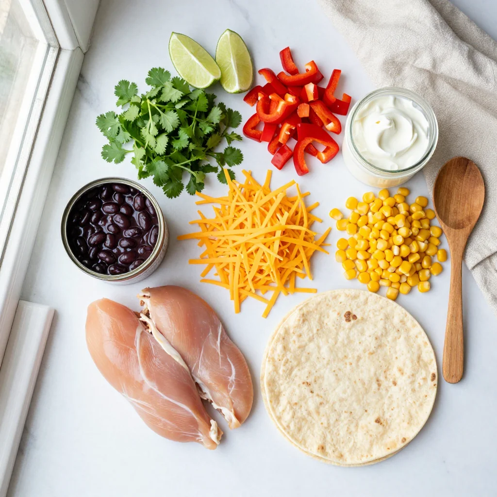 All ingredients laid out for Chicken Quesadillas with Black Beans and Corn