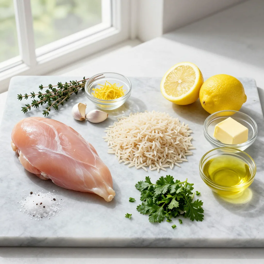 All ingredients for Easy One Pan Lemon Chicken and Rice Casserole
