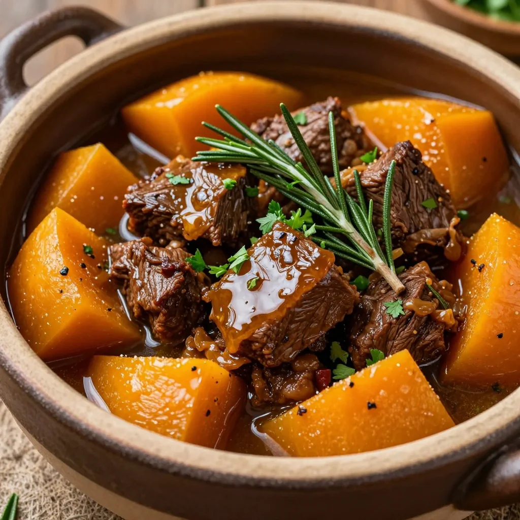 slow cooker beef and winter squash stew with fresh herbs for dinner