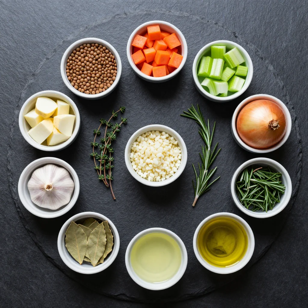 A wooden board strewn with vibrant split lentils, carrots, parsnips, celery, and herbs