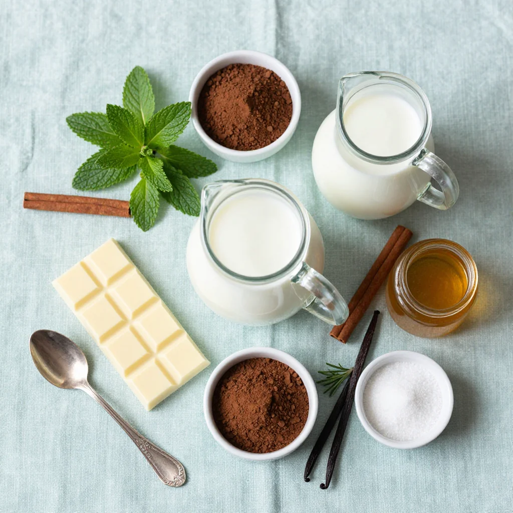 All ingredients for White Hot Chocolate with Peppermint laid out on a wooden board