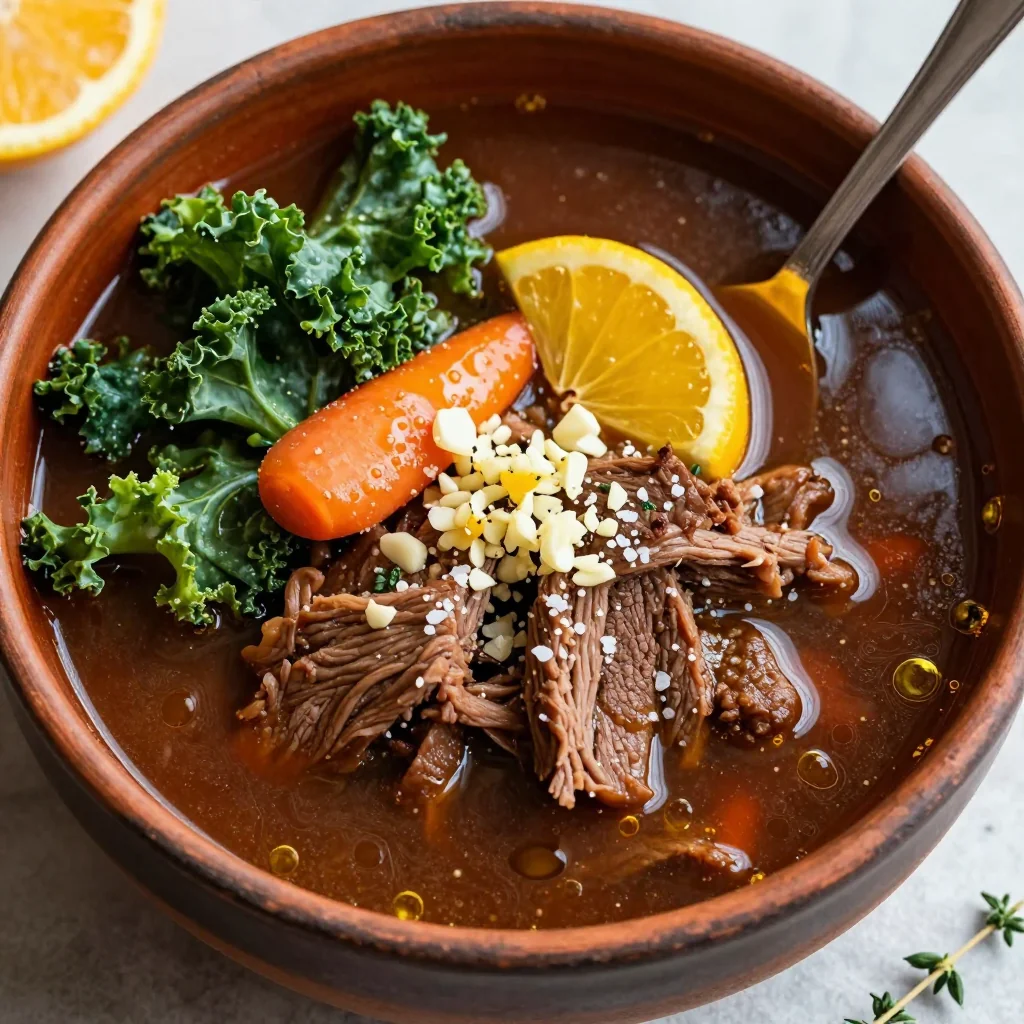 slow cooker beef and kale soup with citrus and garlic