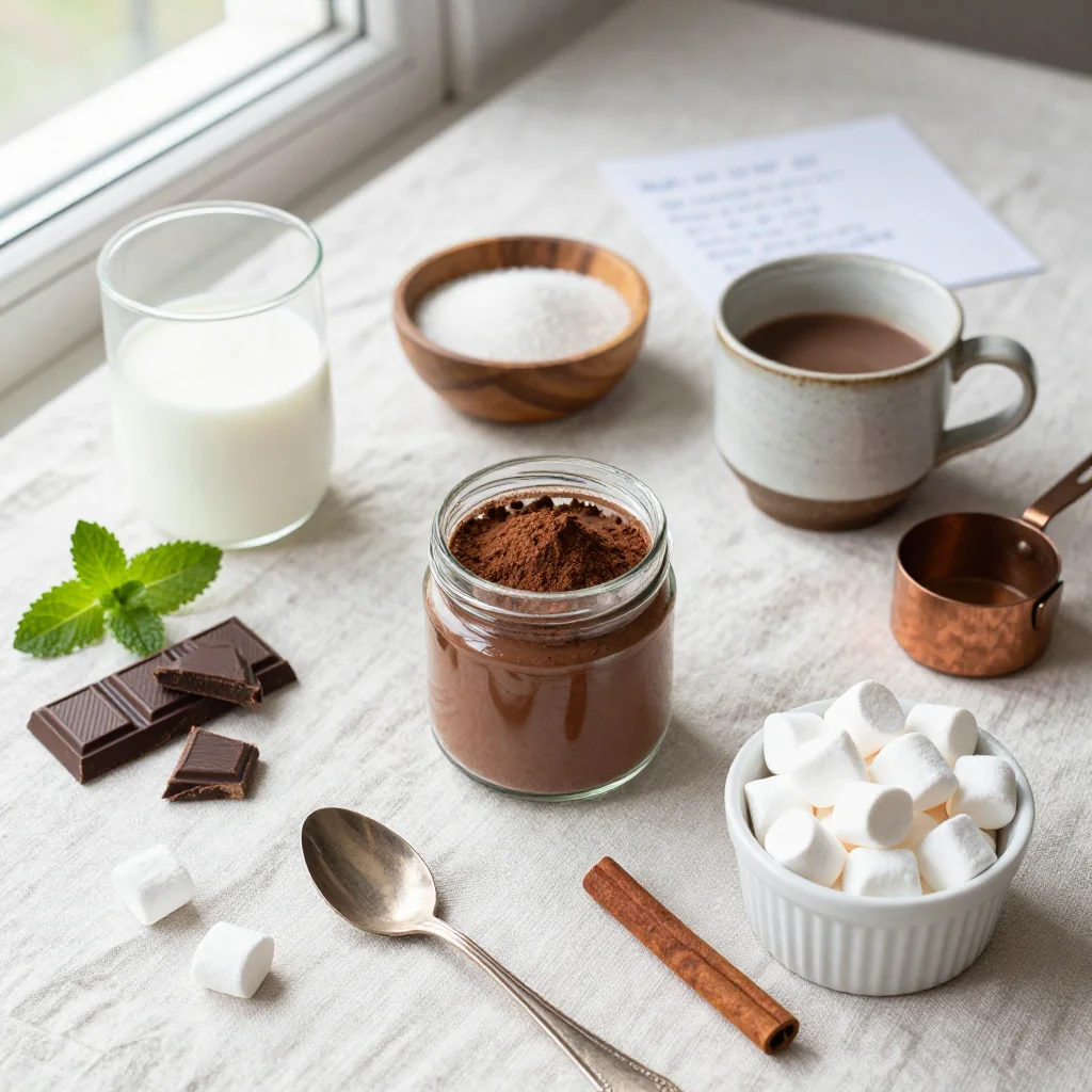 All ingredients for Hot Chocolate with Marshmallows neatly arranged on a wooden board