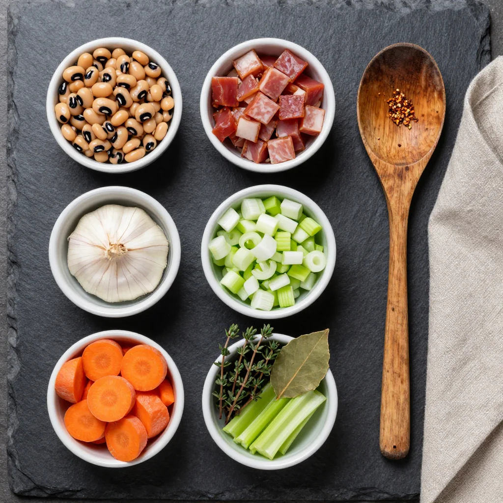 Bowls of dried black-eyed peas, ham hock, aromatic vegetables, and spices