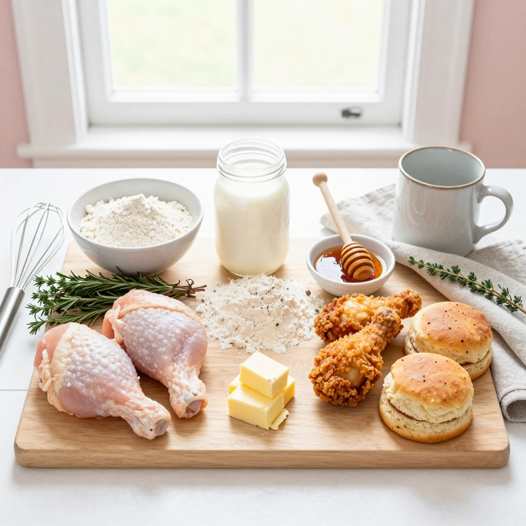 All ingredients for Fried Chicken with Biscuits neatly arranged on a wooden board