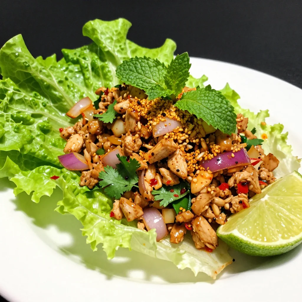 Spicy Thai Chicken Larb With Mint And Cilantro Over Lettuce Cups