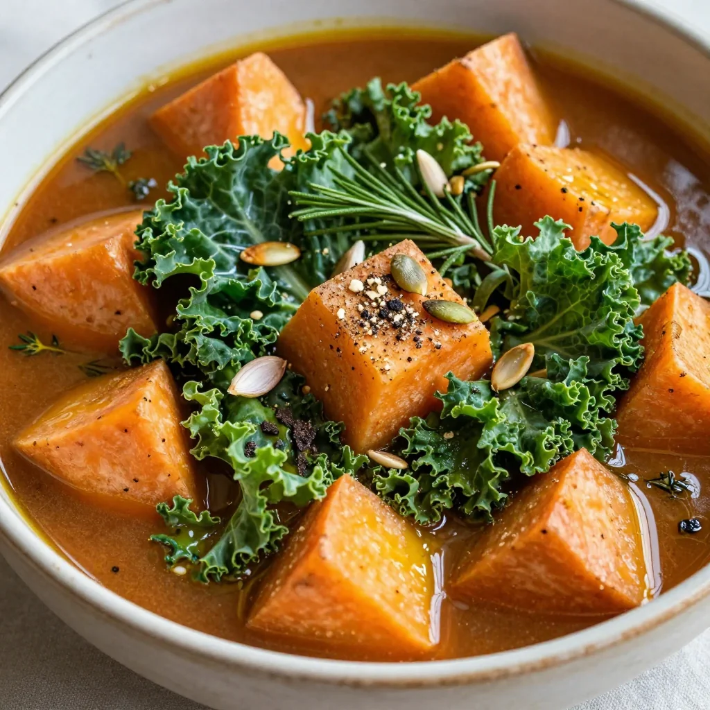 hearty onepot sweet potato and kale stew with garlic and herbs