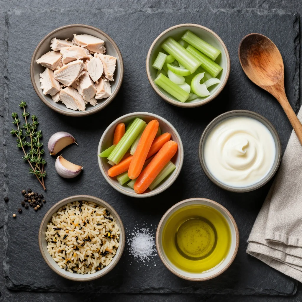 bowls of wild rice, diced vegetables, herbs, and cream arranged on a wooden board