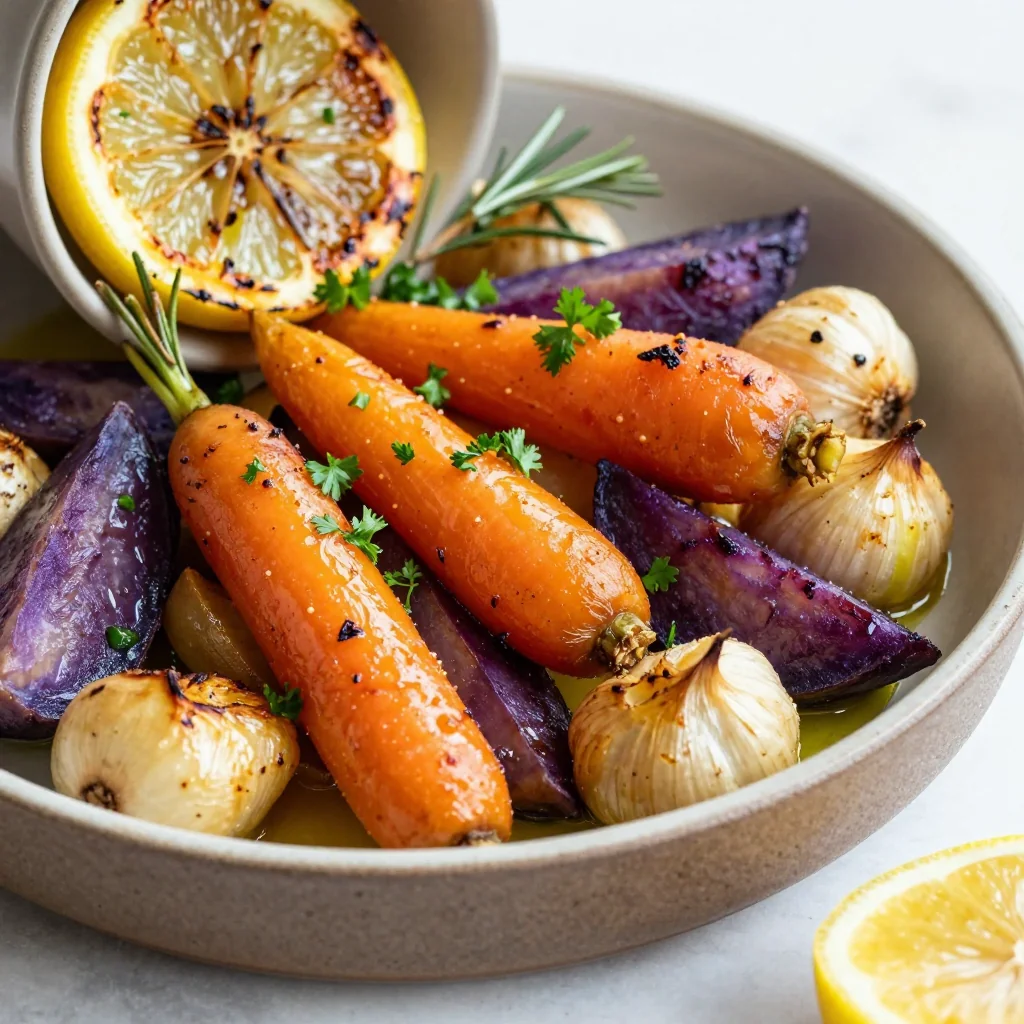 batch cook garlic and lemon roasted root vegetables for family meals