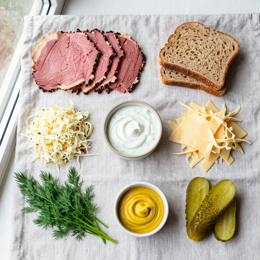 All ingredients for Corned Beef Reuben Pizza with Thousand Island Base