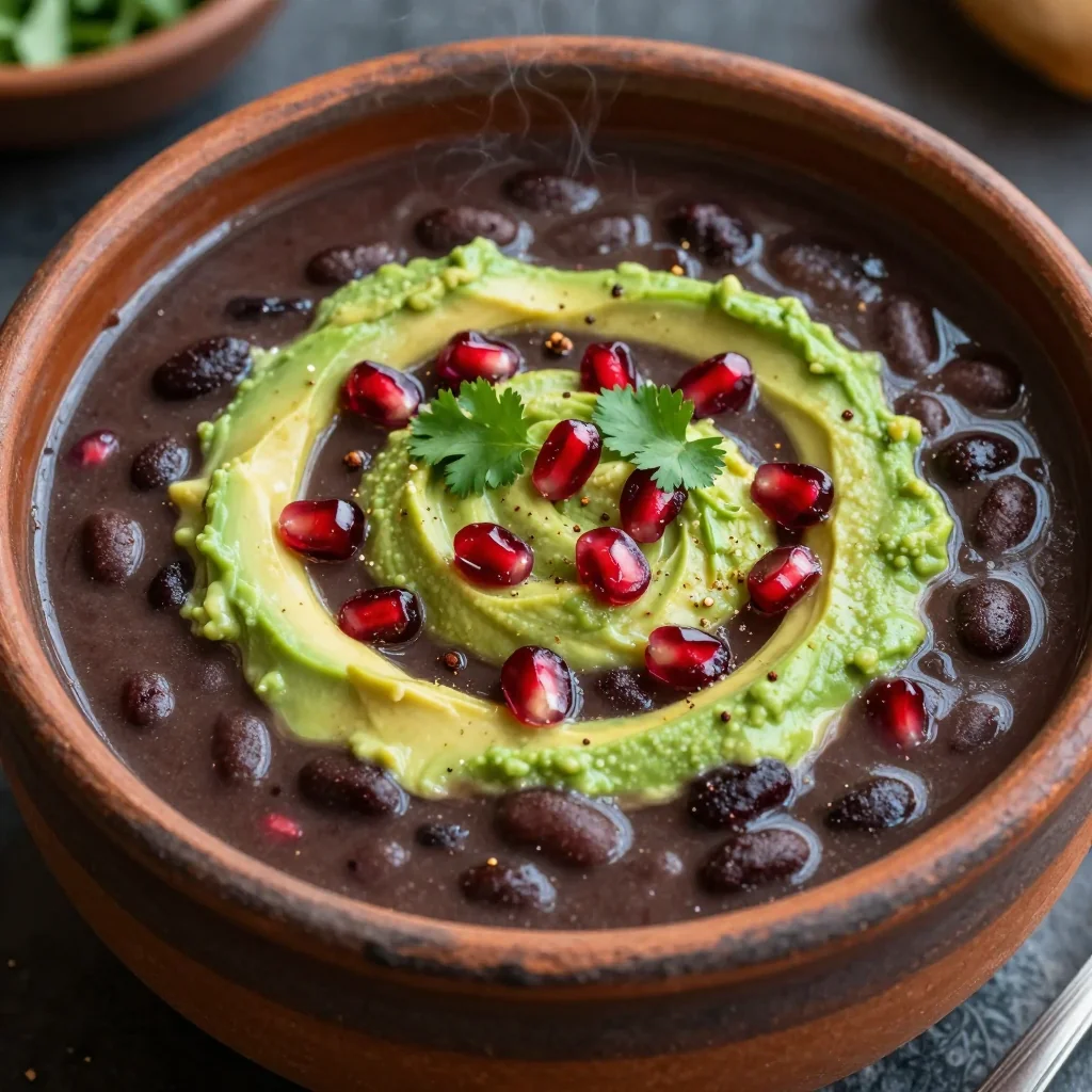 Smoky Black Bean Soup with a Creamy Avocado Top