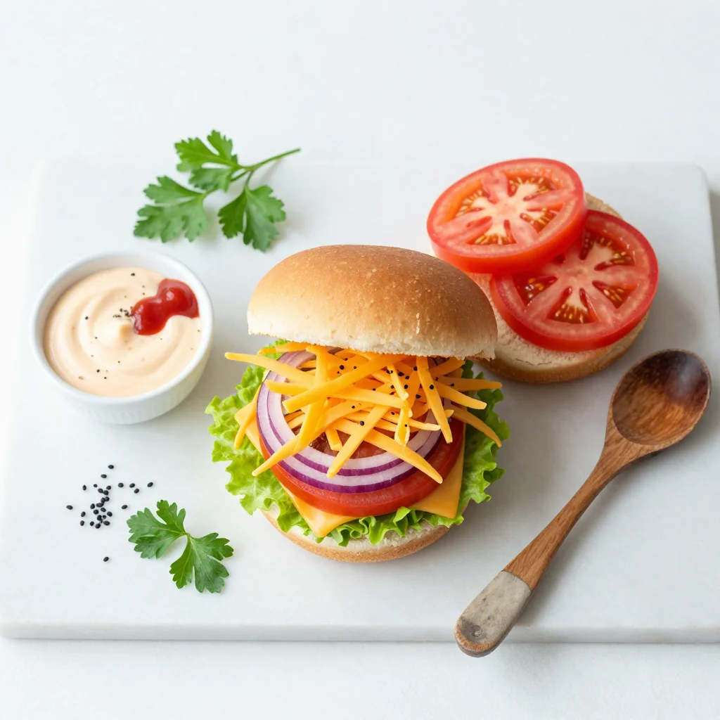 All ingredients for Cheeseburger Sliders with Secret Sauce neatly arranged on a countertop