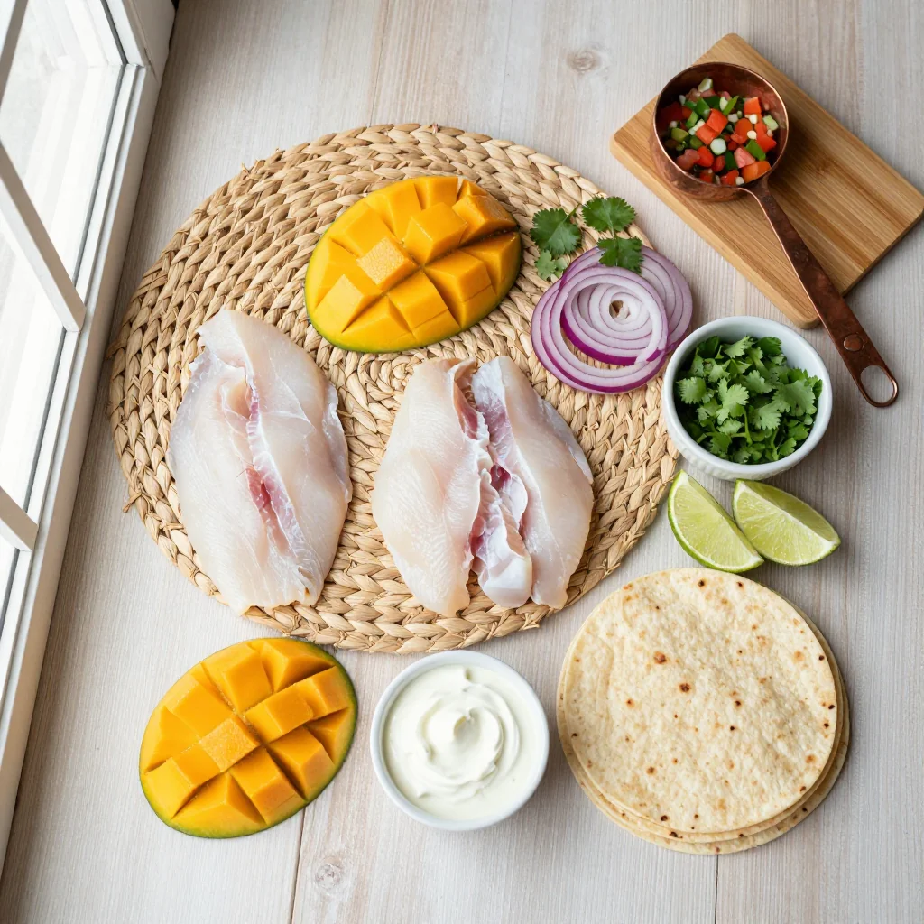 All ingredients for Fish Tacos with Mango Salsa and Lime