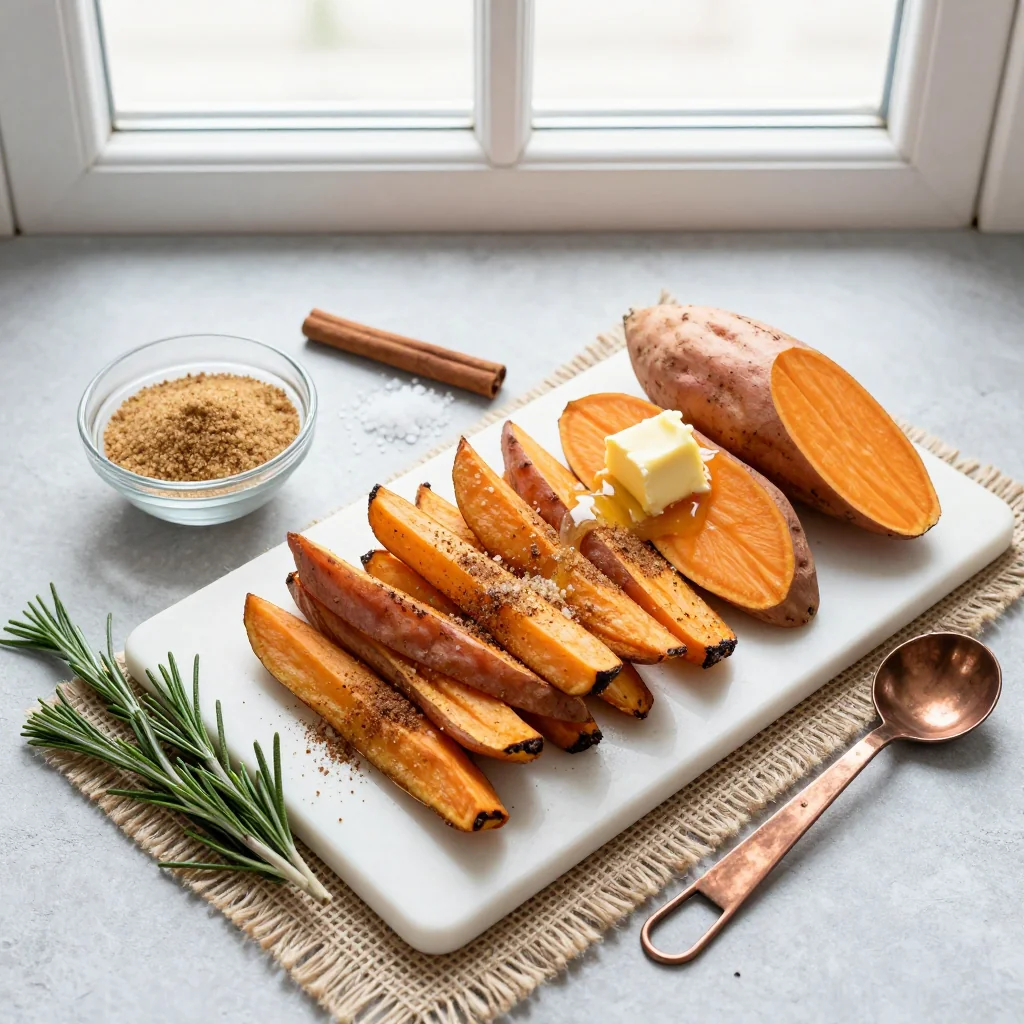 All ingredients for Baked Sweet Potato Fries with Cinnamon Sugar arranged on a wooden board