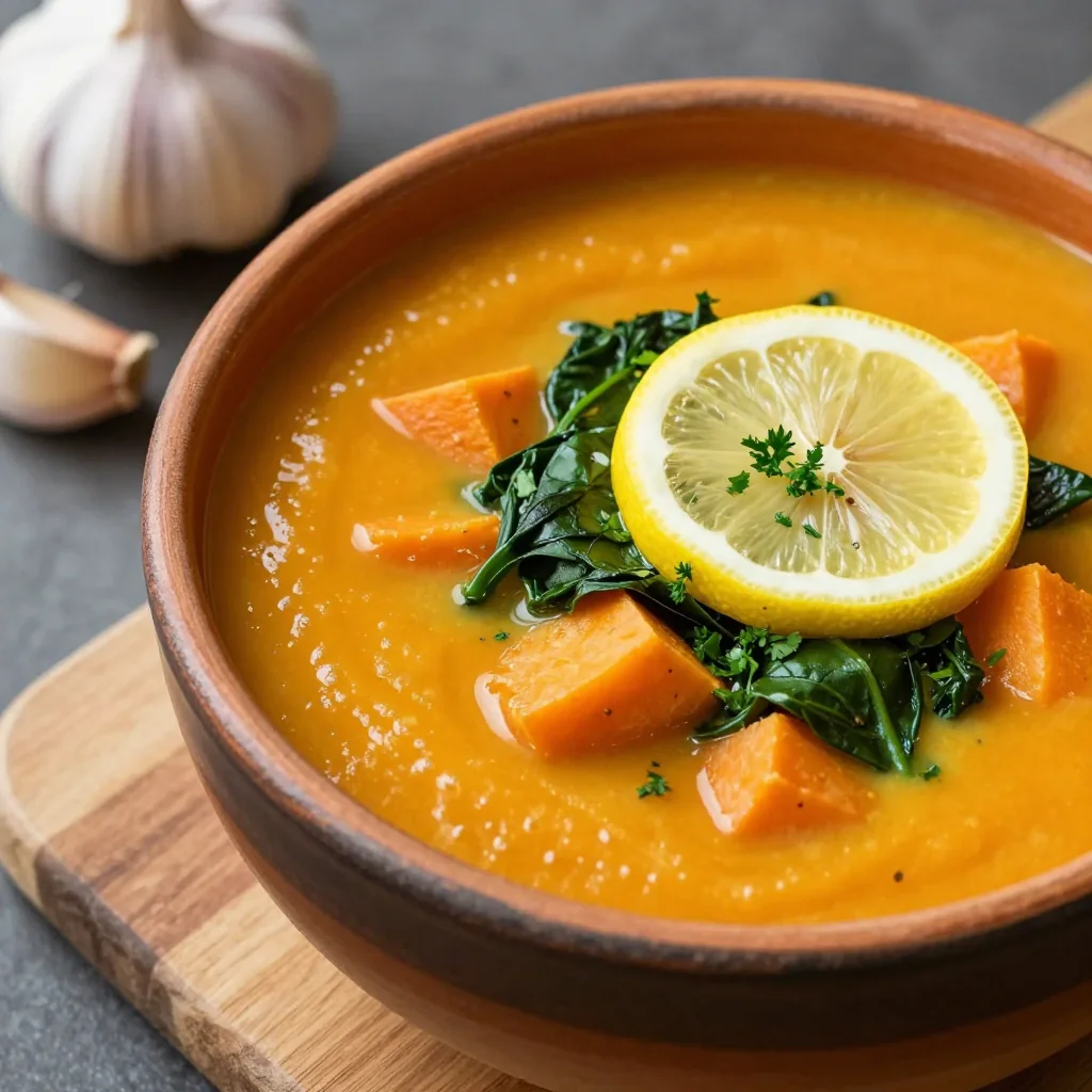 onepot sweet potato and spinach soup with lemon and garlic for winter