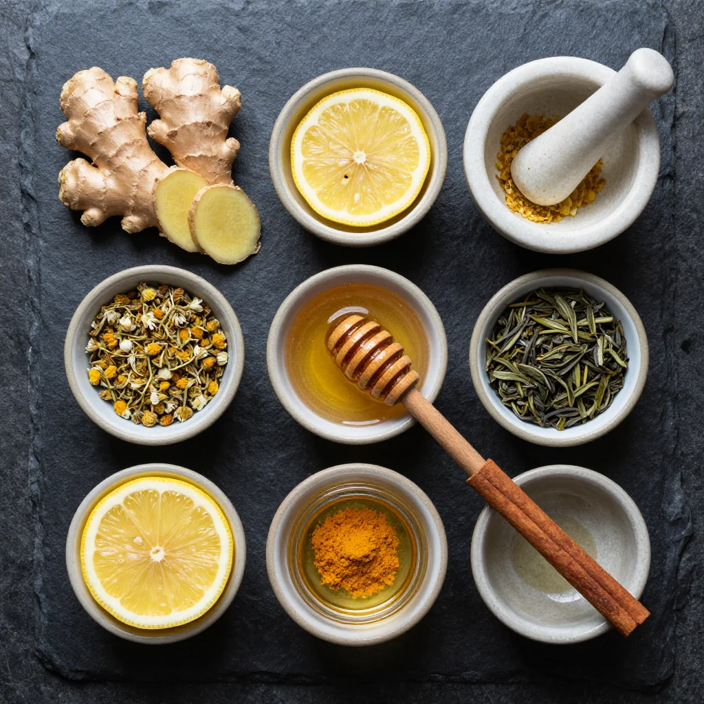 Lemon ginger detox tea ingredients arranged on a white marble countertop
