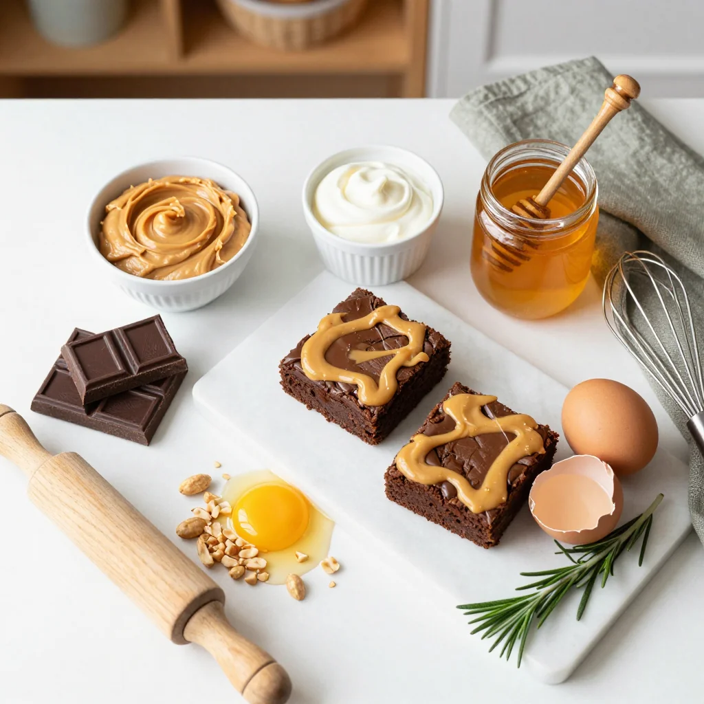 All ingredients laid out for Peanut Butter Egg Brownies with Ganache