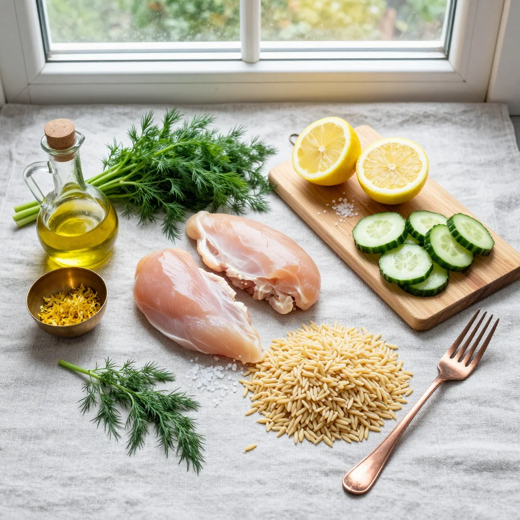 All ingredients for Lemon Chicken Orzo Salad with Cucumber and Dill