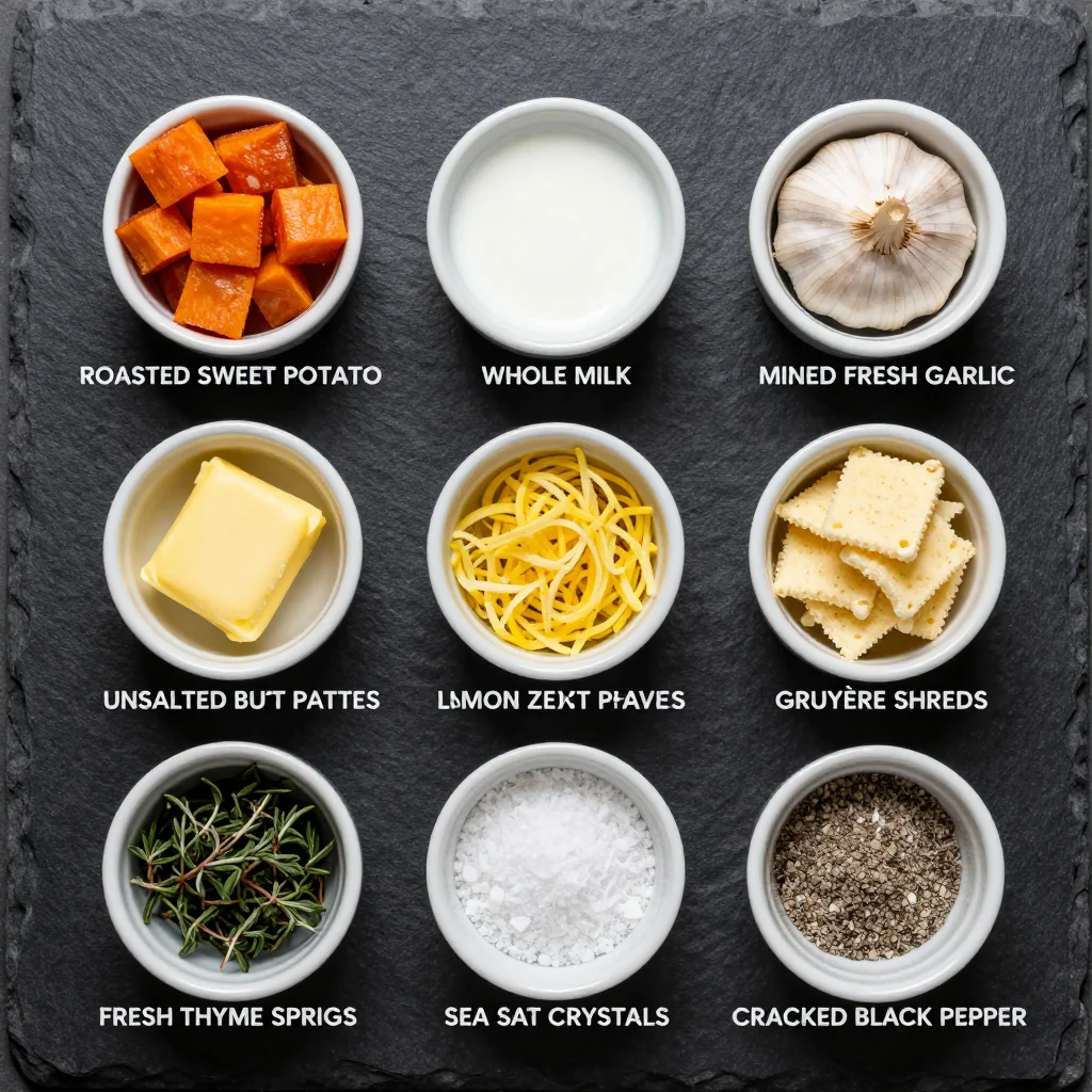 Fresh sweet potatoes, lemons, garlic, and herbs arranged on a wooden cutting board