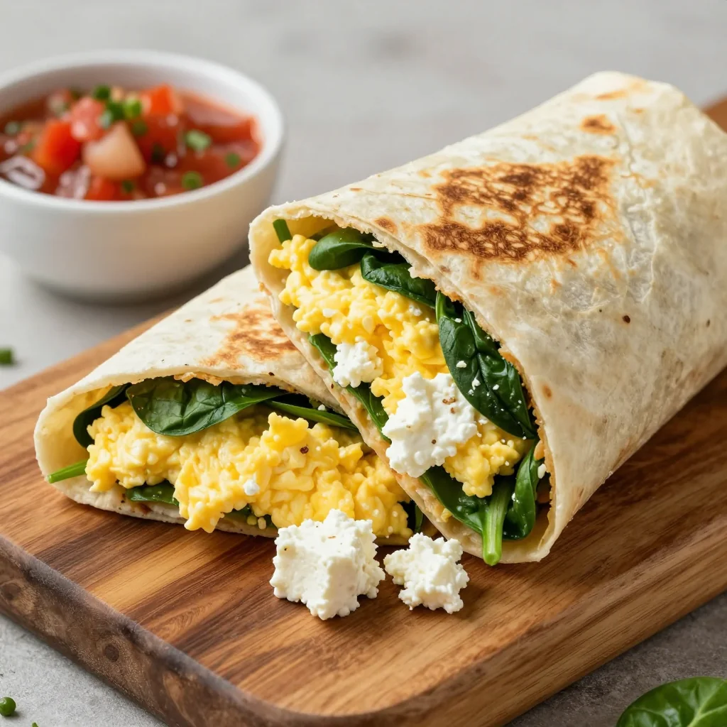 Freezer Prep Breakfast Burritos with Spinach and Feta