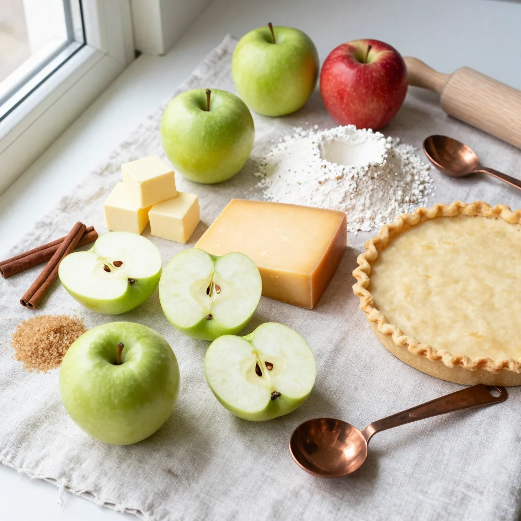 All ingredients for Apple Pie with Cheddar Cheese Crust neatly arranged on a wooden board