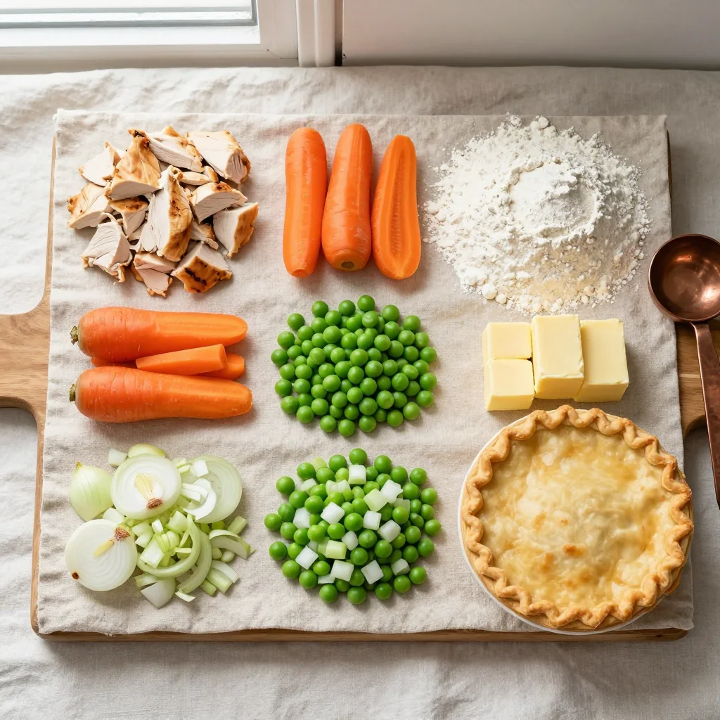 All ingredients for Pot Pie with Chicken Veggies and Pie Crust