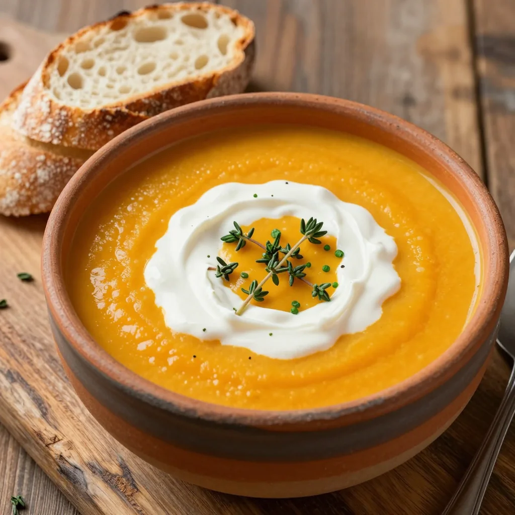 creamy sweet potato and carrot soup with fresh herbs for winter