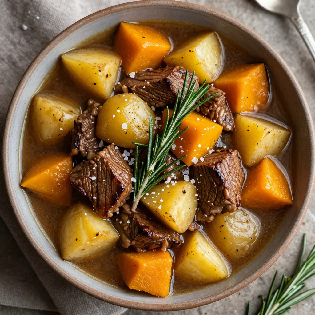 high protein beef and potato stew with winter squash and rosemary
