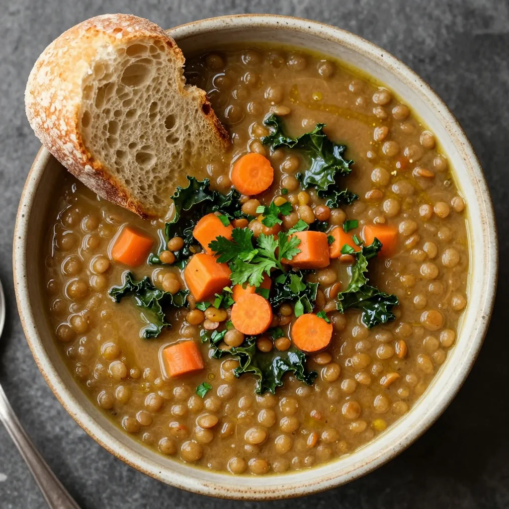 healthy slow cooker lentil soup with kale and carrots for cold evenings