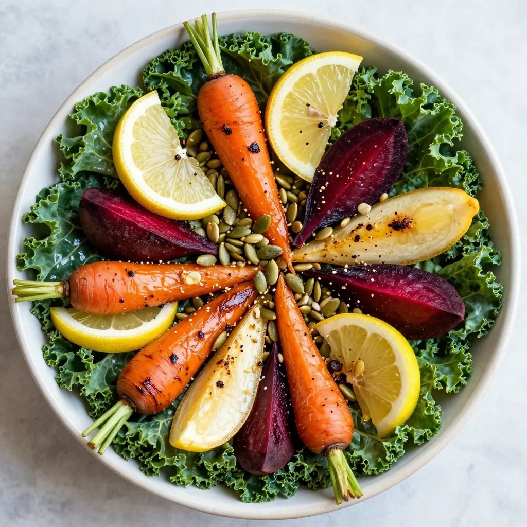 healthy lemon and kale salad with roasted root vegetables for january